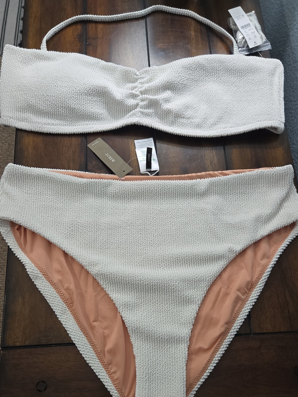 NWT J CREW Textured White Bandeau Bikini Top & High Waist Bottoms Lined 2x T XXL